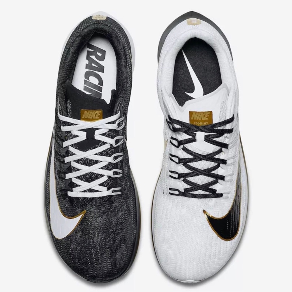 Nike Mens Zoom Fly Black White Gold Running Shoes - Picture 2 of 8